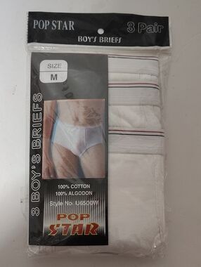 Vintage POP STAR Boys' Briefs 3-Pack in White with Red & Blue Stripe - Sz M 6-8